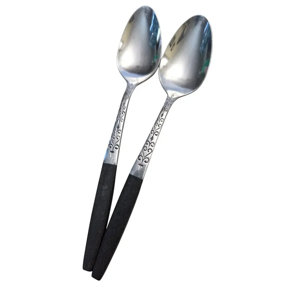 Lot 2 Vintage Interpur Stainless Japan Teaspoon Silverware Flatware Black Swirl - Picture 1 of 6